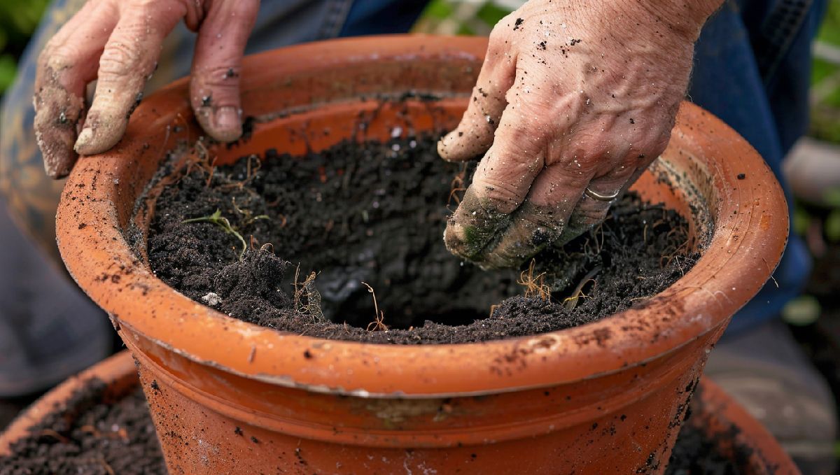 Transplanting Cannabis: The Ultimate Guide: A grower's hands as he's preparing a hole in the soil in a big ceramic pot Transplanting Cannabis: The Ultimate Guide: A grower's hands as he's preparing a hole in the soil in a big ceramic pot