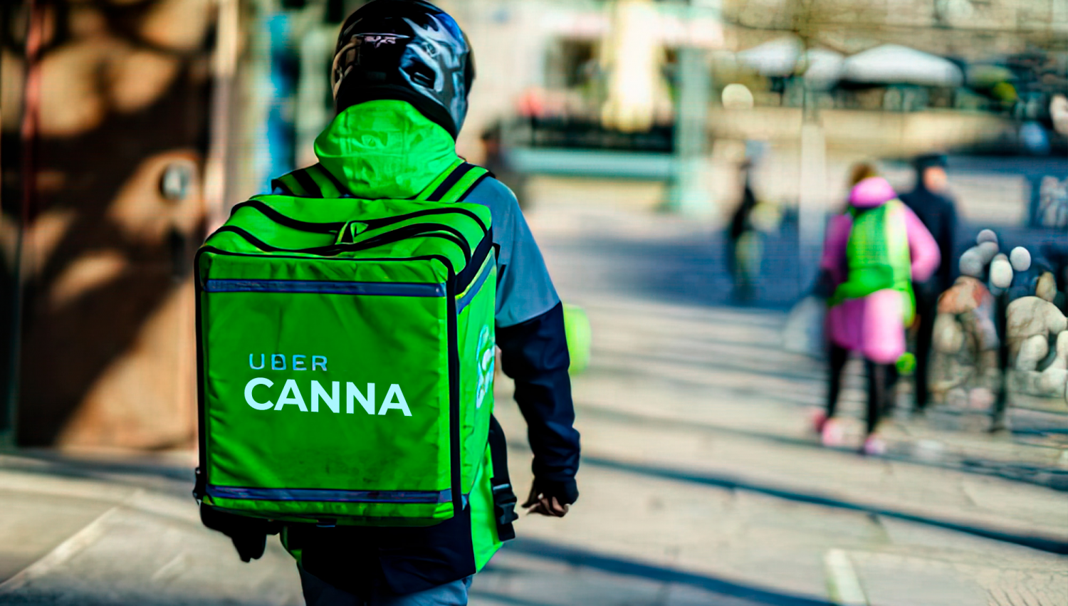 Uber Eats Will Now Have Weed on the Menu But Only in Ontario, Canada: A delivery courier seen from behind with a green backpack and a biking helmet Uber Eats Will Now Have Weed on the Menu But Only in Ontario, Canada: A delivery courier seen from behind with a green backpack and a biking helmet