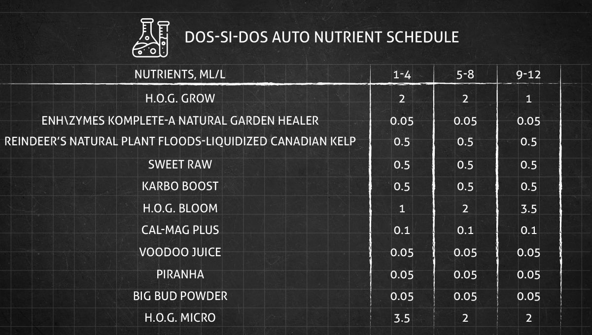 Dos-Si-Dos cannabis strain: feeding chart for the vegetative and flowering stages Dos-Si-Dos cannabis strain: feeding chart for the vegetative and flowering stages