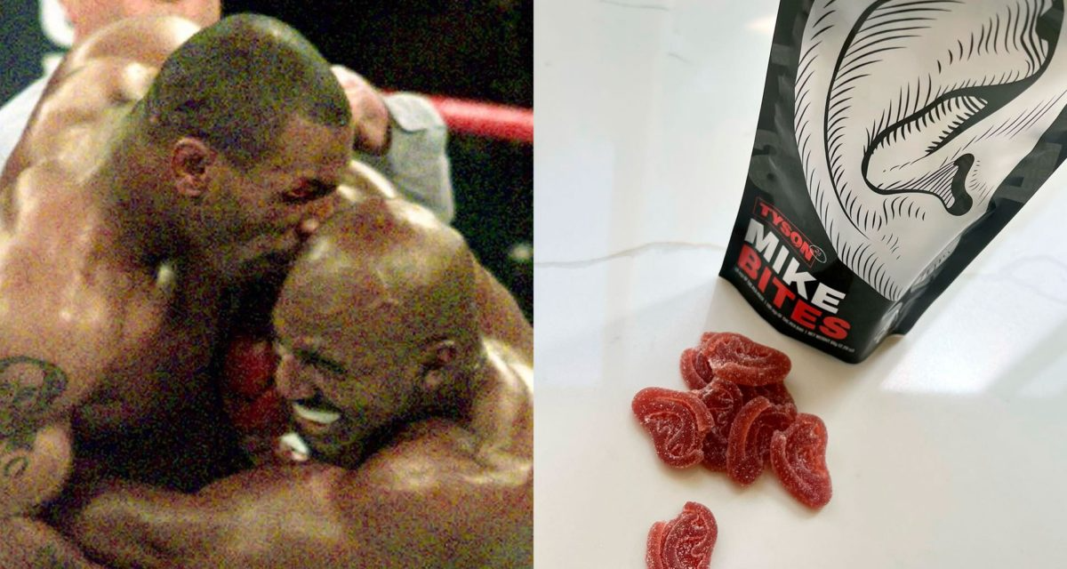 Mike Bites: Tyson’s Edibles With a ‘Cannabalistic’ Flavor: A still frame of the fight where Mike Tyson bit off his opponents ear and a pic of edibles that are in the shape of ears Mike Bites: Tyson’s Edibles With a ‘Cannabalistic’ Flavor: A still frame of the fight where Mike Tyson bit off his opponents ear and a shot of edibles that are in the shape of ears