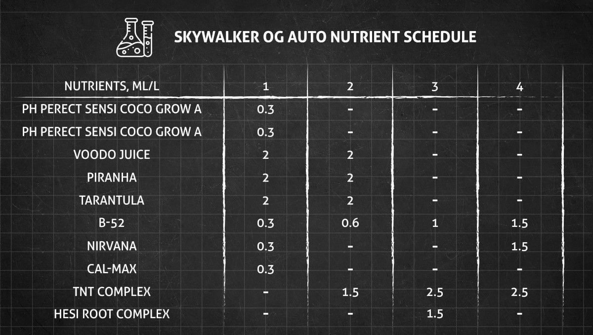 Skywalker OG Auto cannabis strain: feeding chart for the vegetative stage