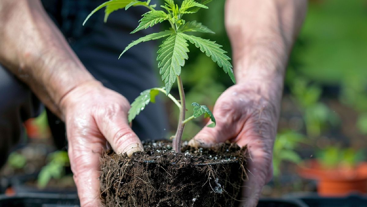 Transplanting Cannabis: The Ultimate Guide: An old man's hands as he's lowering the rootball of a cannabis plant into a new medium Transplanting Cannabis: The Ultimate Guide: An old man's hands as he's lowering the rootball of a cannabis plant into a new medium
