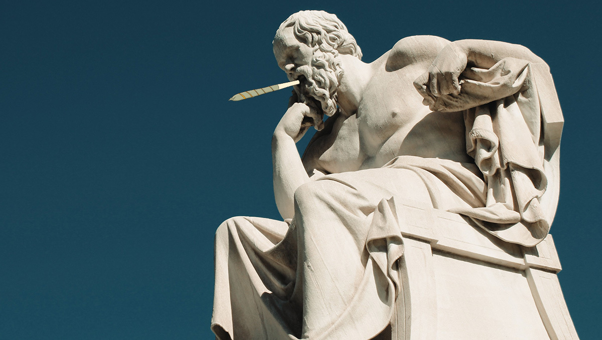 Greece is Among Europe&rsquo;s Leaders in Cannabis Consumption: A collage of a Greek sculpture depicting a bearded man with a crudely drawn marijuana joint sticking out of his mouth