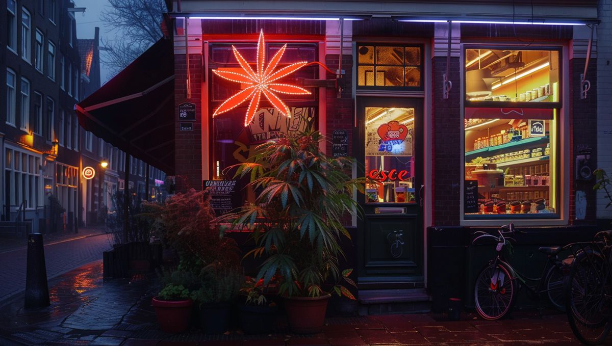 Weed in the Netherlands: Cannabis Legal Status Guide: A cannabis shop at night