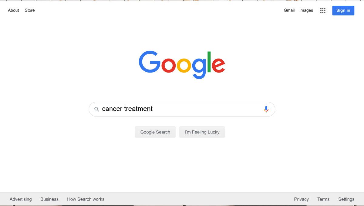 What is Rick Simpson Oil (RSO): Does It Work? The Google page with a search term 'cancer treatment' in the search box