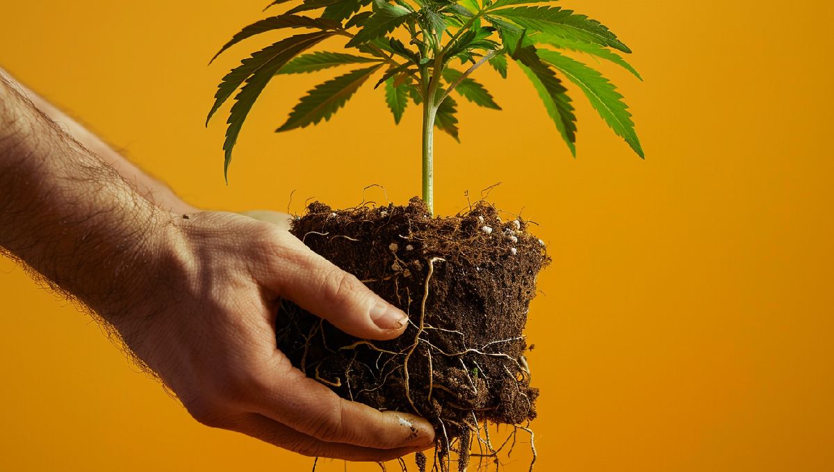 Transplanting Cannabis: A man's hands as he's holding the rootball of a weed plant during repotting Transplanting Cannabis: A man's hands as he's holding the rootball of a weed plant during repotting