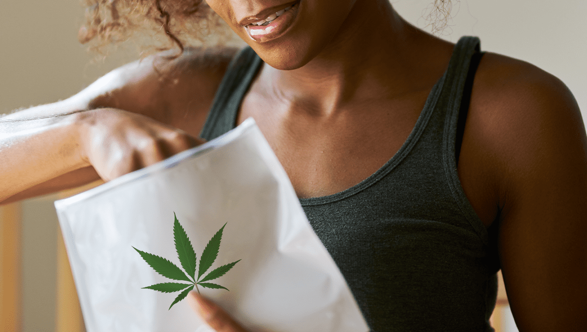 NYC: No Rec Shops Just Yet but Weed Delivery is Coming: A young woman opening a package with a cannabis leaf logo on it NYC: No Rec Shops Just Yet but Weed Delivery is Coming: A young woman opening a package with a cannabis leaf logo on it