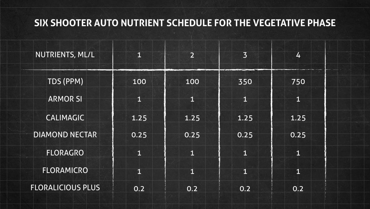 Six Shooter Auto cannabis strain: veg nutrient schedule Six Shooter Auto cannabis strain: veg nutrient schedule