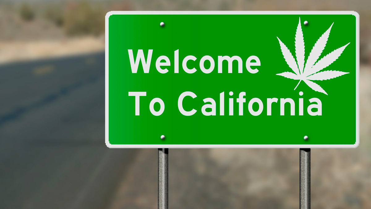 The Budding Pot Tourism Industry in the US is Already Worth $17 Bln: A 'Welcome to California' road sign decorated with a marijuana leaf