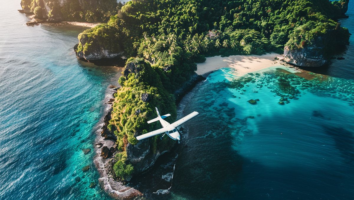 Weed in the Bahamas: Cannabis Legal Status Guide: A small plane flying over a tropical paradise Weed in the Bahamas: Cannabis Legal Status Guide: A small plane flying over a tropical paradise