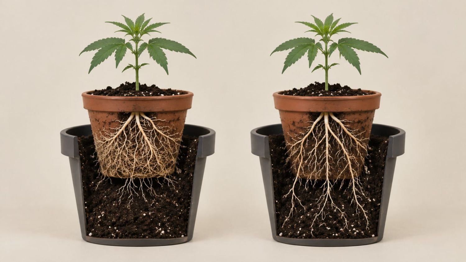 Transplanting Cannabis: A picture showing how an old pot can be placed into or on top of the new one