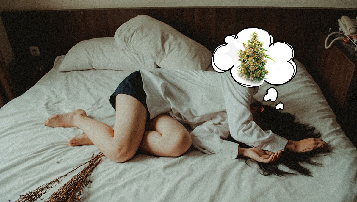 How Long Does a Weed High Last & What are the Effects of Cannabis: A young woman lying in bed, looking despondent, and with cannabis buds in a thought bubble How Long Does a Weed High Last & What are the Effects of Cannabis: A young woman lying in bed, looking despondent, and with cannabis buds in a thought bubble